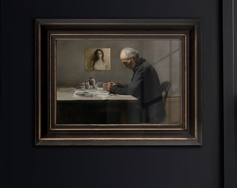 The Artist | A Realism Portrait of an Aging Artist Sketching at a Table, Original Oil Painting Wall Art on Fine Art Matte Paper.