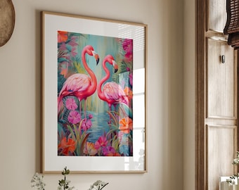 Floral Flamingos Wall Art Print | Pink Flamingo Flowers Decor | Tropical Painting |  Vintage Retro Illustration Giclee Print