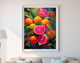 Exotic Fruit Explosion - Giclee Painting Print - Wall Art Home Decor | Fruit Still Life Print | A Dripping Cascade of Succulent Fruits