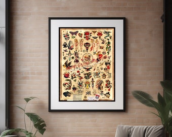 Sailor Jerry Tattoo Flash Design (Style B) Wall Art - (Old School Vintage Flash) -  Giclee Poster Print 24&quot;x36&quot;