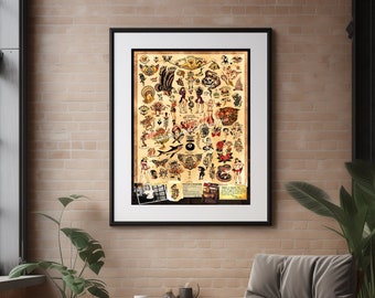 Sailor Jerry Tattoo Flash Design (Style A) Wall Art Home Decor - (Old School Vintage Flash) -  Giclee Poster Print 24&quot;x36&quot;