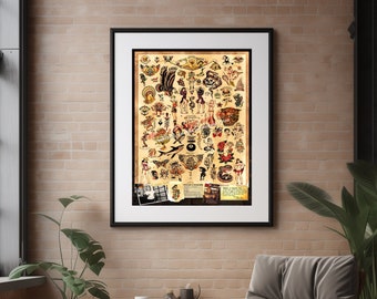 Sailor Jerry Tattoo Flash Design (Style A) Wall Art Home Decor - (Old School Vintage Flash) -  Giclee Poster Print 24"x36"