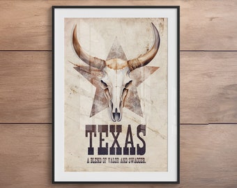 Texas Longhorn Skull Art Print | Texas Cowboy Wall Art | Western Ranch Decor | Lonestar | Southwestern Wall Art | Ranch Star Home