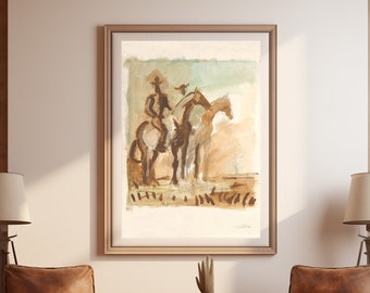 Abstract Cowboys - Southwestern Watercolors Series (1987) - Western Wall Art, Southwestern Ranch Art Wall Decor on Fine Art Matte Paper.