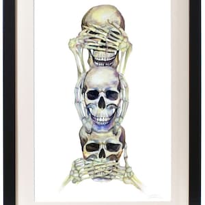 Watercolor Skeleton / Skull - See No Evil, Hear No Evil, Speak No Evil - &quot;Schilder&quot; Print 12&quot;x18&quot; - Free Shipping in United States