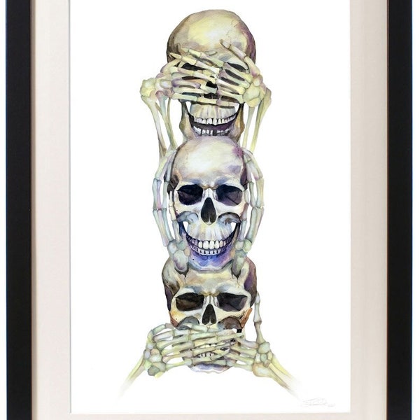 Watercolor Skeleton / Skull - See No Evil, Hear No Evil, Speak No Evil - "Schilder" Print 12"x18" - Free Shipping in United States