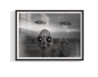 Vintage "Area 51 - Surprised Aliens" Photographic Print | Extraterrestrial Artwork | UFO Decor | UPA Photograph | Space Travel Wall Art