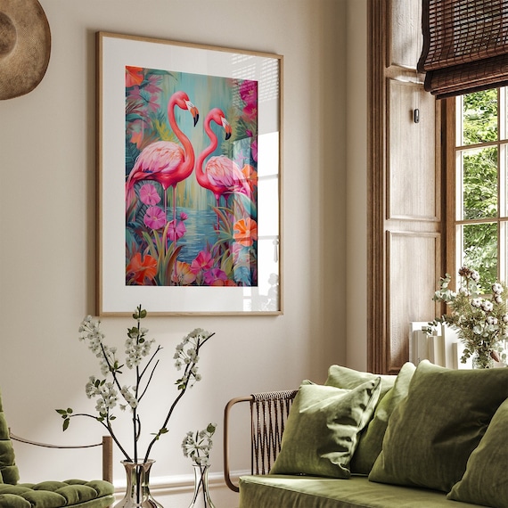 Floral Gold Flamingo Print Art Deco Flamingo Wall Art Pink Flamingo