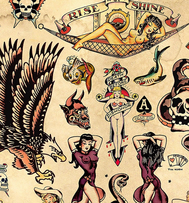 Close-up of Sailor Jerry (Norman Collins) Vintage Style Tattoo Flash Art Print by Mark Schilder.