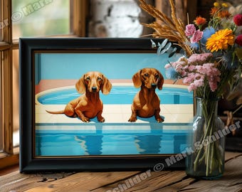 Weiners By The Pool (Dachshund Painting) by Mark Schilder - Giclee Print - Wall Art Home Decor | Dachshund Print | Doxie Decor