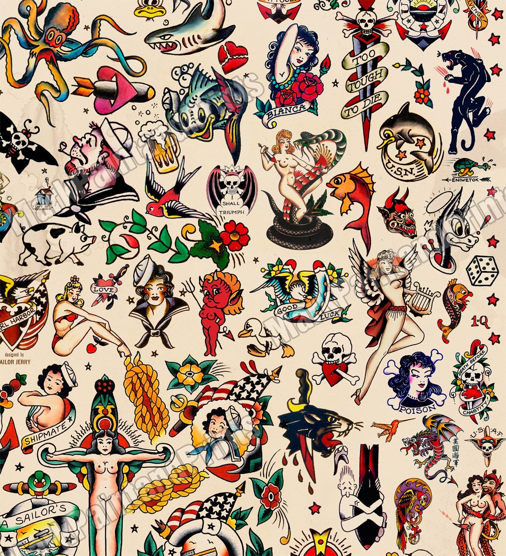 Sailor Jerry Tattoo Designs (Flash) Wall Art Print - Done on