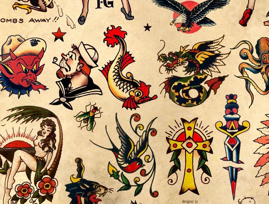 Sailor Jerry Tattoo Flash Design (Style B) Wall Art - (Old School