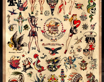 Sailor Jerry Tattoo Flash Design (Style B) Wall Art - (Old School