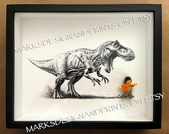 T-Rex Jurassic Worker Building Brick Shadow Box Art - “Lego Lunch” - 10x8 Inch Framed Wall Decor