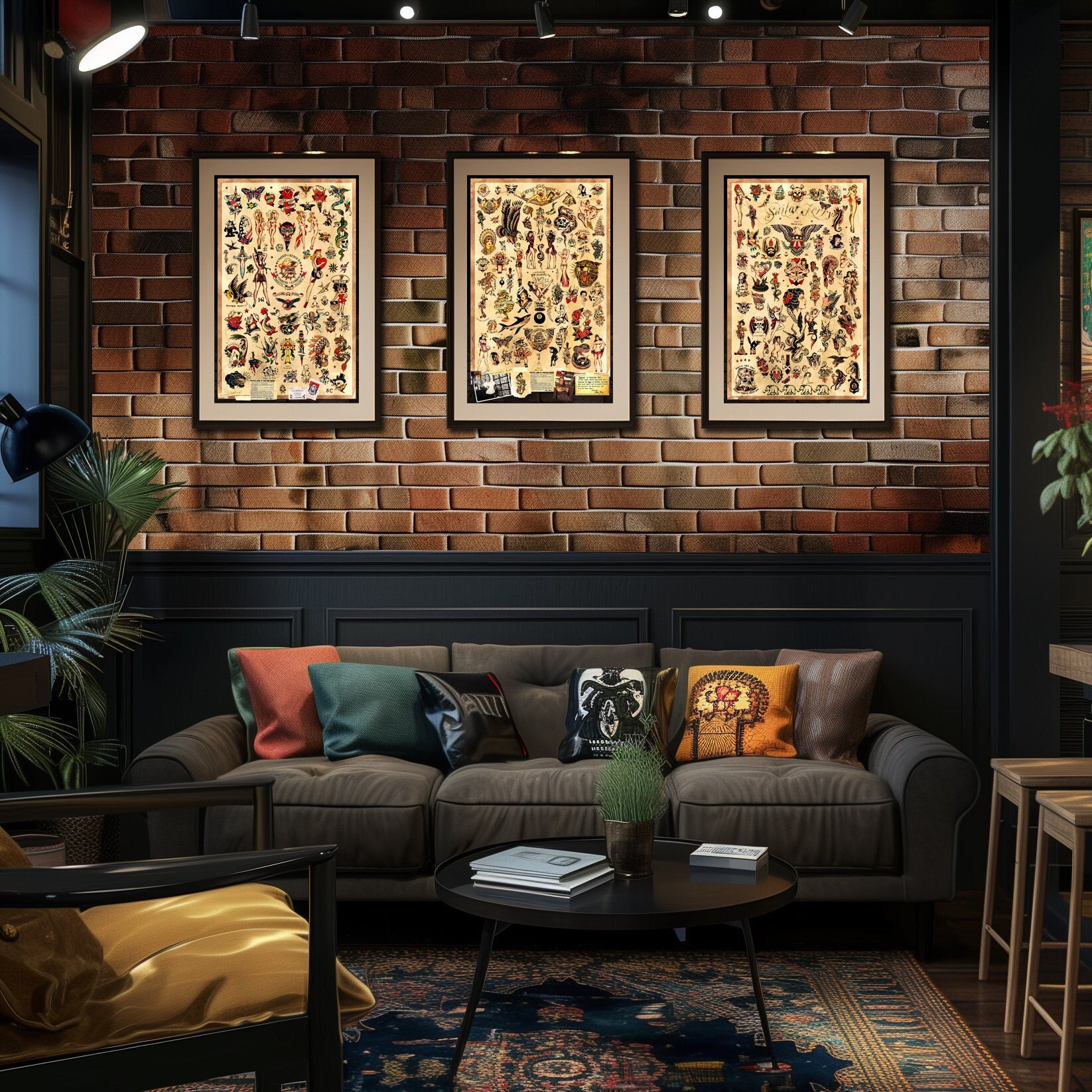 Set of 3 - Sailor Jerry Tattoo Flash Designs Wall Art (Old School Vintage Flash) -  Giclee Poster Print - Each Print 12x18 Inches in size.