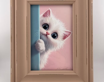 Framed - 4x6 Inch "Peeking White Kitten" Signed Print by Mark Schilder.  Mini Art, Small Art, Cat Artwork, Kittens, Cute Black Cat Art