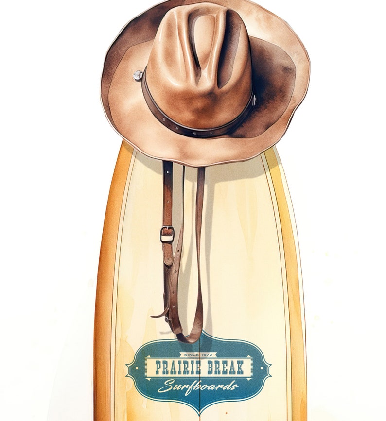 Pu&ograve; includere: Una tavola da surf in stile vintage con un cappello da cowboy in pelle marrone appeso. La tavola da surf &egrave; dipinta di giallo e ha il testo "Prairie Break Surfboards" in blu e bianco in basso.