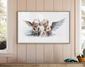 Guided by Voices, Angel Devil Cherub Seraphim Art Print | Angel and Devil on Shoulder Room Decor Wall Art | Conscience - Temptation Artwork