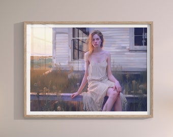 Summer Dress | A Portrait of a Young Woman on a Summer's Day in the MidWest, Original Oil Painting Wall Art on Fine Art Matte Paper.