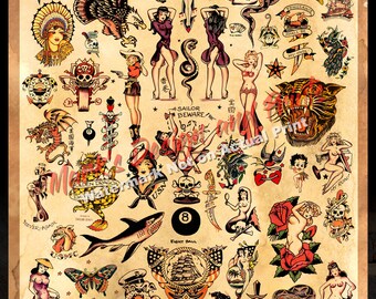 3 Sailor Jerry Tattoo Flash Design (style A, B and C) Wall Art