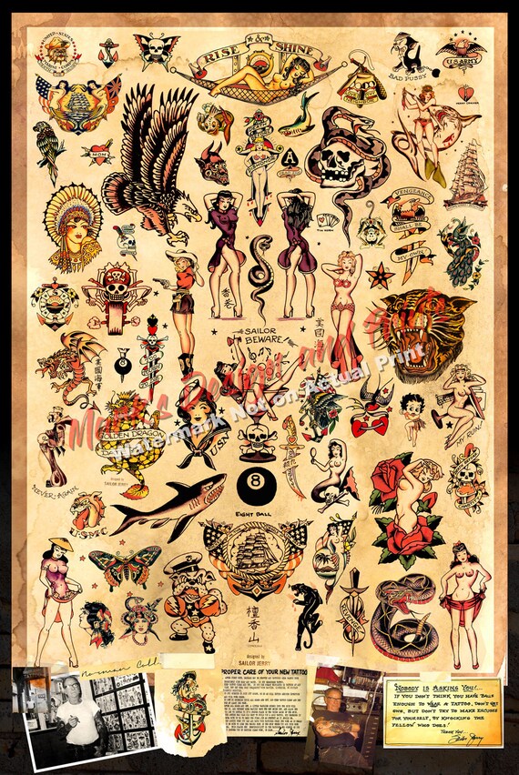 3 Sailor Jerry Tattoo Flash Design (style A, B and C) Wall Art