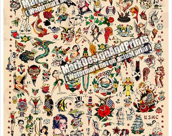 Sailor Jerry Tattoo Designs (flash) Wall Art Print - Done on