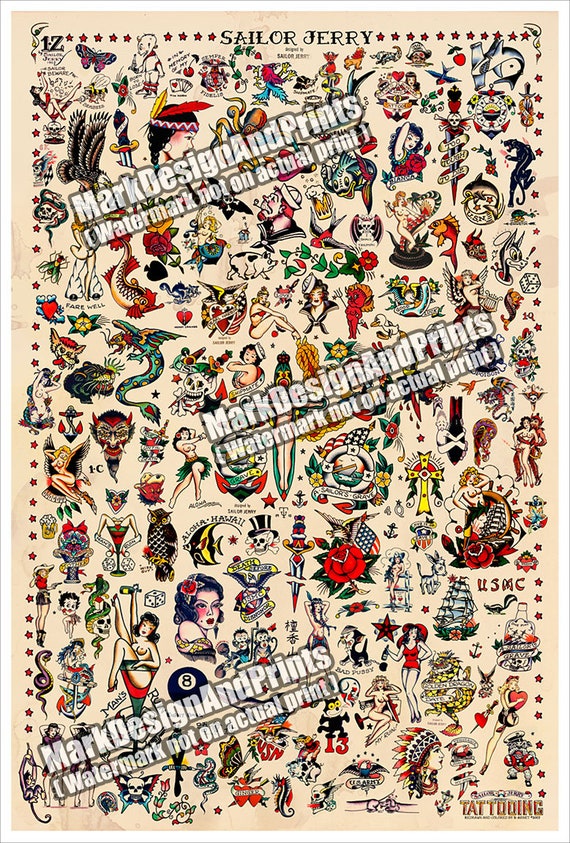 Sailor Jerry Tattoo Designs Flash Done On Hahnemuhle Fine Etsy