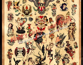 3 Sailor Jerry Tattoo Flash Design (style A, B and C) Wall Art