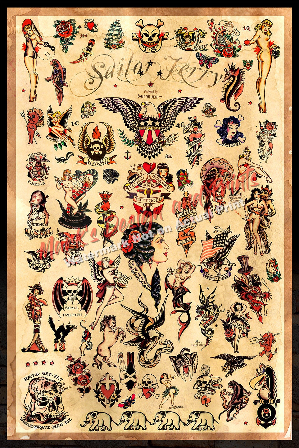 3 Sailor Jerry Tattoo Flash Design (style A, B and C) Wall Art