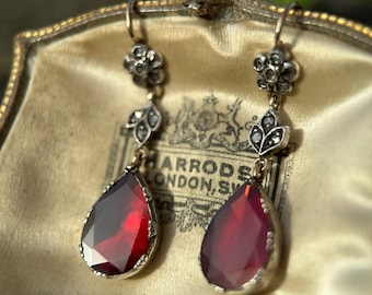 A pair of glowing foiled garnet and rose diamond earpendants, antique-style