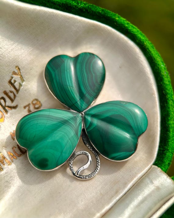 Antique Victorian lucky clover malachite and silver brooch, circa 1880s