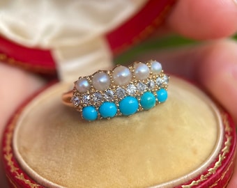 A dreamy antique Victorian turquoise, pearl and diamond triple-row ring, circa 1870-1880