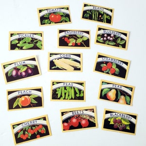 May include: A set of 12 vintage-style cards featuring illustrations of various fruits, vegetables, and berries. Each card has a blue and white border with the name of the item printed in white. The cards are arranged in a grid pattern on a white background.