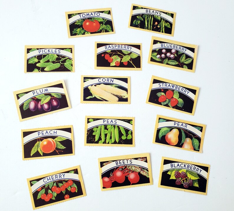 May include: A set of 12 vintage-style cards featuring illustrations of various fruits, vegetables, and berries. Each card has a blue and white border with the name of the item printed in white. The cards are arranged in a grid pattern on a white background.