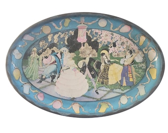 Vintage Art Deco Metal Platter, Ballroom Party Scene Tray 1920's