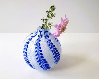 Vintage Blue White Swirl Vase, Feather Glass Bud Vase