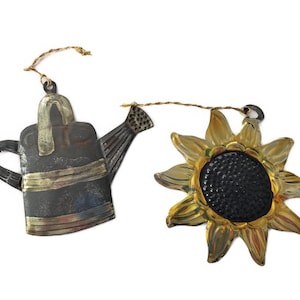 Vintage Watering Can and Sunflower Ornaments, Tin Garden Figurines