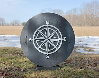Raised Custom Compass or Personalized Monogram on Round Steel Fire Pit Lid Cover, Round Steel Lid Fire Pit Snuffer, Heavy Duty Steel