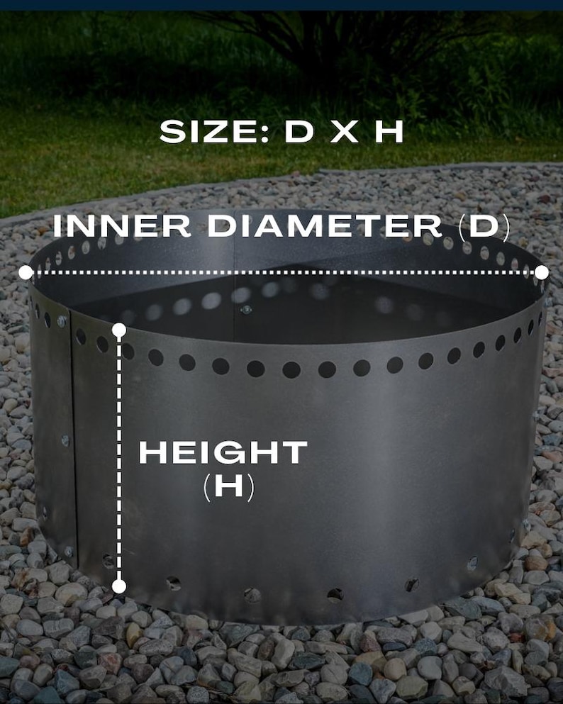 May include: A cylindrical dark gray metal fire pit ring featuring a row of circular ventilation holes along the top and bottom edges. The image includes text labels indicating SIZE: D X H, INNER DIAMETER (D), and HEIGHT (H).