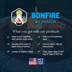 May include: A circular fire pit with the text "BONFIRE BY DESIGN". The fire pit has a thick steel ring and lid. The image includes the text "MADE IN USA" and a list of product features.