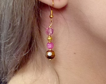 Pink & bronze glass beaded earrings on gold wires