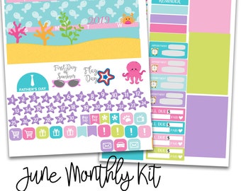 June Monthly Planner Layout Kit - for use with Erin Condren - Happy Planner - Beach Ocean Planner Stickers kit