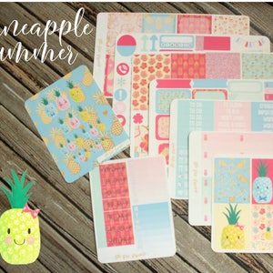 May include: A set of planner stickers with a pineapple theme. The stickers feature a variety of designs, including pineapples, flowers, and text. The stickers are in a variety of colors, including pink, blue, yellow, and green. The stickers are perfect for adding a touch of fun and personality to your planner.