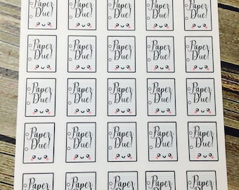 May include: A sheet of 25 white paper stickers with a black and white design. Each sticker has a black and white illustration of a sheet of paper with the text "Paper Due!" and a cute cartoon face. The stickers are perfect for organizing and planning.