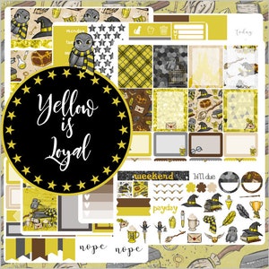 May include: A set of planner stickers featuring a yellow and black color scheme with a Harry Potter theme. The stickers include a variety of images, including owls, stars, potions, and a quote that says "Yellow is Loyal".