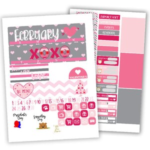 May include: A printable February calendar planner with pink and gray hearts, a Valentine's Day theme, and a section for important appointments, events, and reminders.