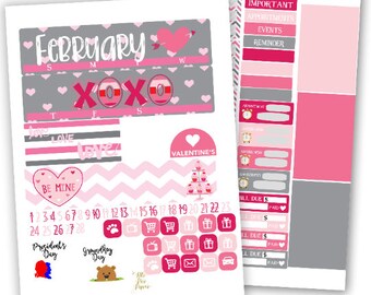 February Monthly Planner Kit Little Pixie Paperie Valentines Kit for use with Erin Condren Happy Planner Love Hearts Pink Red Stickers