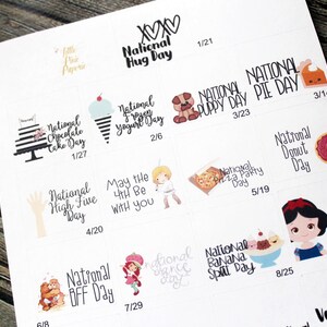 May include: A sheet of stickers with illustrations and dates for various national holidays, including National Hug Day, National Chocolate Cake Day, National Frozen Yogurt Day, National Puppy Day, National Pie Day, National Pizza Party Day, National Donut Day, National Banana Split Day, National BFF Day, and Eat an Apple Day.