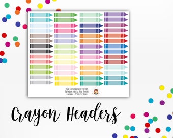 May include: A set of 36 colorful crayon-shaped headers for planners or journals. The headers are in various colors, including red, blue, green, yellow, orange, purple, pink, and brown. The headers are labeled with the text "Shop LittlePrintsPaper.com, Instagram Little Prints Paper, Facebook Little Prints Paper".