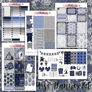 May include: A set of planner stickers featuring a blue and gray color scheme with a variety of designs, including stars, bows, a coffee cup, a television, a wizard's hat, and a book. The text "Bill Due Pay" and "Weekend" are included in the design.